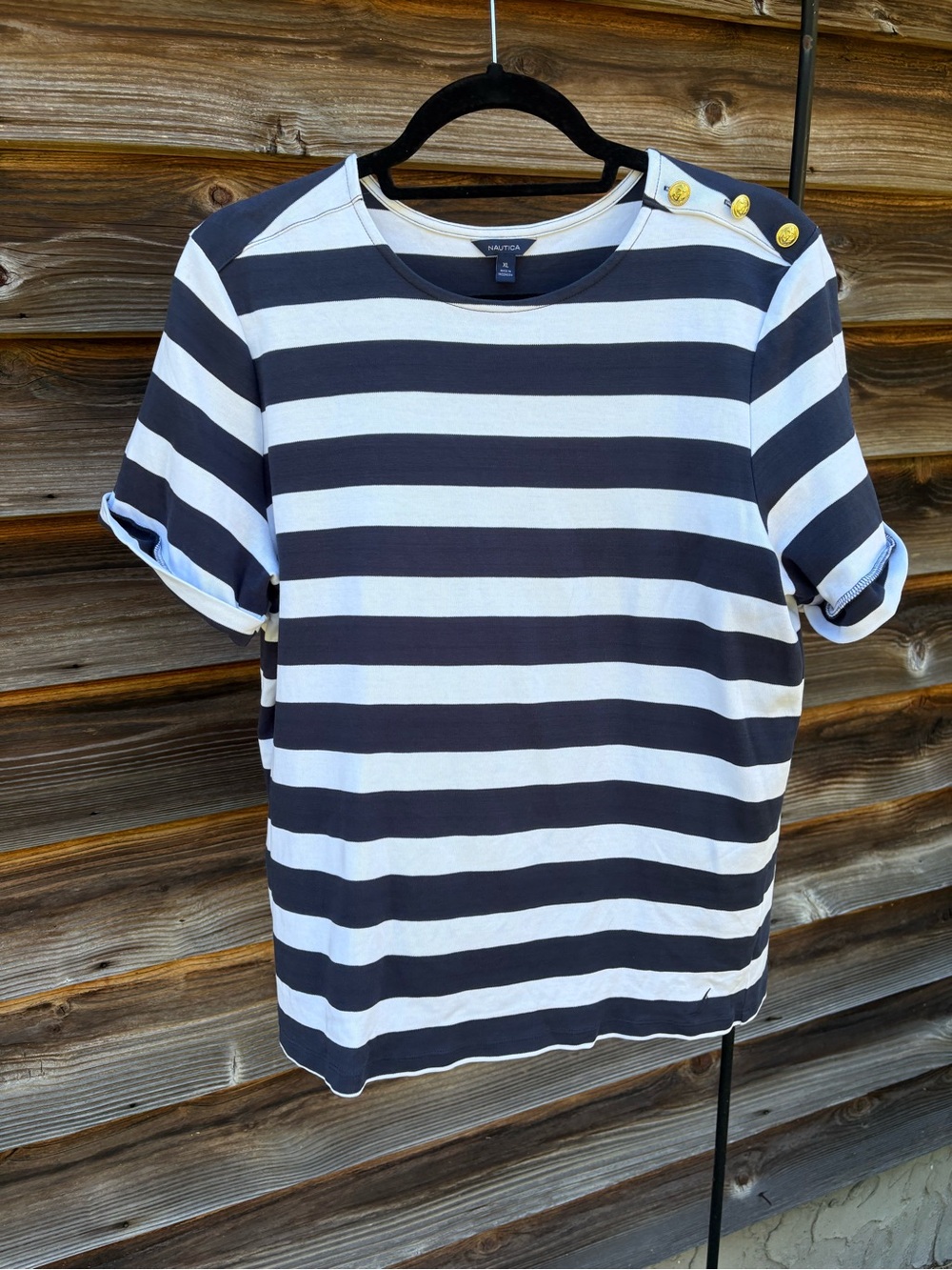 Nautica Navy and White Striped Shoulder Button Top